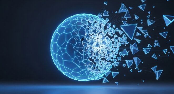 Abstract 3d rendering of a fractured sphere with fragments exploding, representing destruction, technology, and artificial intelligence - Powered by Adobe