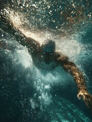 swimmer diving into clear water showcasing powerful strokes and dynamic movement in aquatic environment