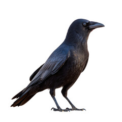 A sleek black crow standing on sandy ground, head turned sideways, warm natural tones, high-resolution photography, isolated perfectly on bright white background