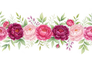 Watercolor floral border of pink and magenta peonies with green leaves on black background
