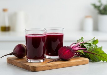 Healthy beet juice in glasses with beets and fresh greens on a wooden board food photography