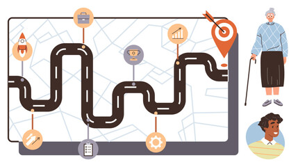 Curved roadmap with milestones, icons for goals, and diverse characters suggesting progress. Ideal for career planning, life journey, business, education, personal growth, success or strategy
