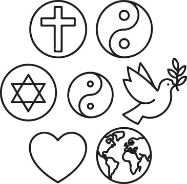 Interfaith Unity Outline Icons Set Multi-Faith Circle, Religious Symbols Together, Peace Dove, Heart of Tolerance, and Global Harmony