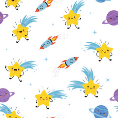 Obraz premium Cute cartoon space stars rockets and planets seamless pattern design for kids