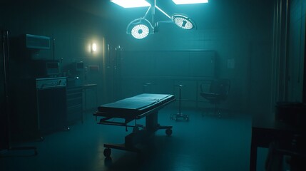 Sterile, dimly lit surgical suite with operating table, medical equipment, overhead lights, and a single chair