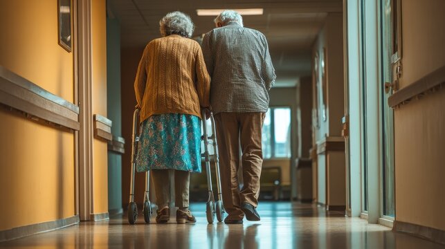 elderly woman help her husband walking using walker in nursing home senior woman helping disabled man with walking frame lovely wife holding hands of old husband in care centre no logos no brands ar  - Powered by Adobe