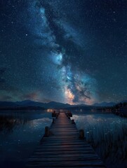 milky way over lake with wooden dock