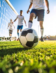 Fototapeta premium Mini soccer field with green turf, small goals, and a ball ready for the match