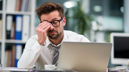 business overwork deadline and people concept  tired businessman with eyeglasses and laptop computer rubbing eyes at office no logos no brands ar 169
