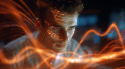 Young man focused on digital interface with glowing light effects  