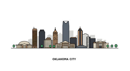 Discover the vibrant modern urban cityscape of Oklahoma City, showcasing its iconic skyline with diverse architectural landmarks and towering structures against a clear sky.