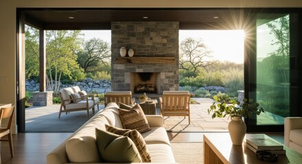 Fototapeta premium Sun-drenched modern living room with outdoor view