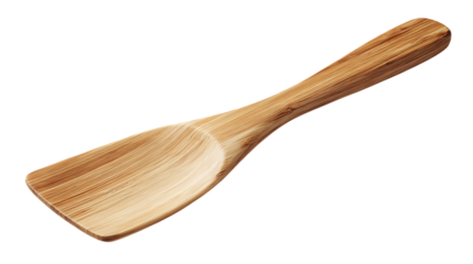 A bamboo wooden spatula with ergonomic handle, minimalistic cooking tool presentation, shown neatly on smooth white background 