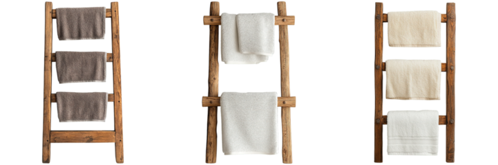 Rustic Wooden Towel Ladder with Hanging Towels Isolated on Transparent Background