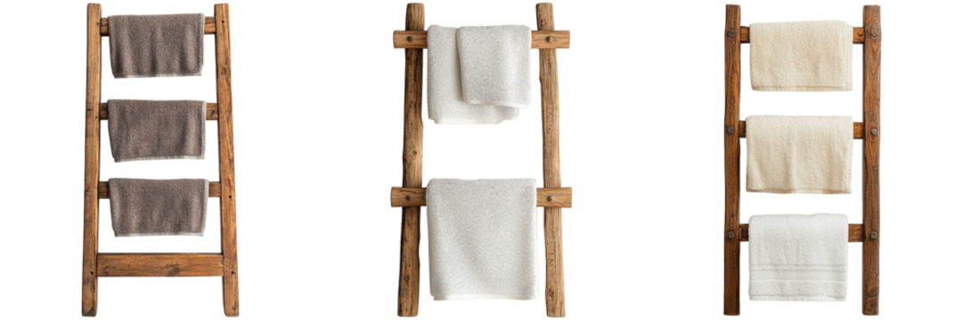 Rustic Wooden Towel Ladder with Hanging Towels Isolated on Transparent Background - Powered by Adobe