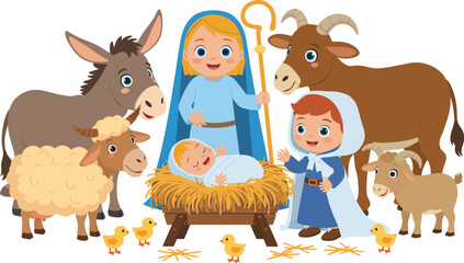 Obraz premium Joyful cartoon nativity scene with baby in a manger and animals vector illustration