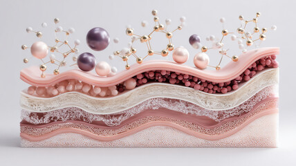 Stylized macro of skin layers with active peptide molecules penetrating, minimal scientific illustration
