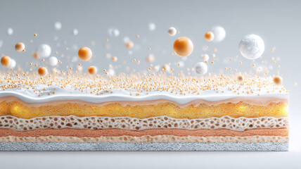 Stylized macro of skin layers with active peptide molecules penetrating, minimal scientific illustration