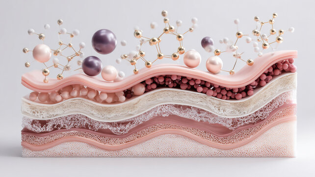 Stylized macro of skin layers with active peptide molecules penetrating, minimal scientific illustration