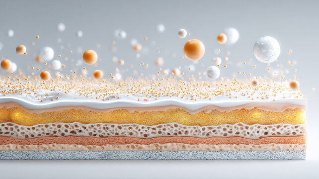 Stylized macro of skin layers with active peptide molecules penetrating, minimal scientific illustration