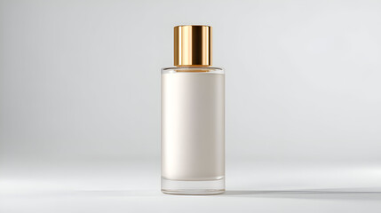 Elegant glass perfume bottle with luxurious gold cap and blank label, perfect for modern beauty branding and product showcases