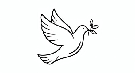 Obraz premium A simple line drawing of a dove flying with a branch in its beak, isolated on a white background