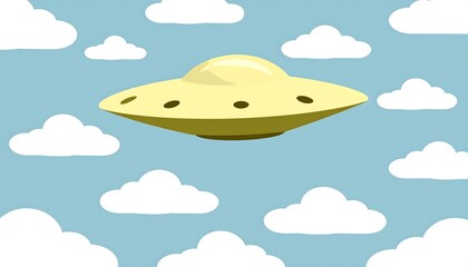 A light yellow flying saucer floats serenely amidst fluffy white clouds against a pastel blue sky, creating a whimsical and peaceful scene.