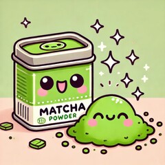 Fototapeta premium Matcha powder tin and green powder with smiling cartoon faces and sparkles. Kawaii style digital illustration.