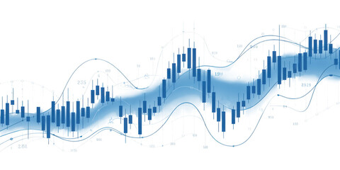 Abstract blue digital waveform with financial chart elements isolated on transparent background