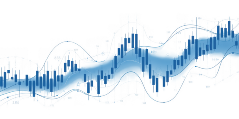 Abstract blue digital waveform with financial chart elements isolated on transparent background