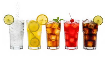 Five tall glasses filled with refreshing cold drinks garnished with citrus slices isolated on transparent background