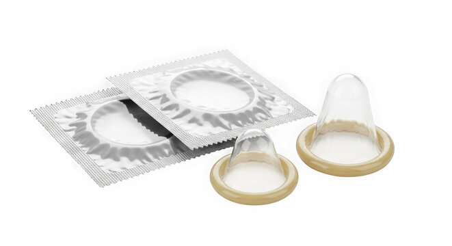 Two packaged condoms and two individual condoms displayed on a transparent background isolated on transparent background