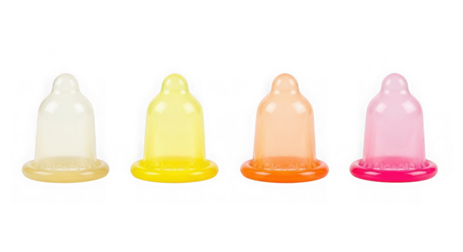 Four colorful condoms in a row isolated on a transparent background for sexual health awareness isolated on transparent background