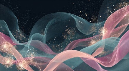 Fluid, translucent ribbons, gold glitter, sparks