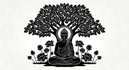 Meditating Buddha silhouette under the sacred Bodhi tree, a symbol of enlightenment, peace, and spiritual awakening