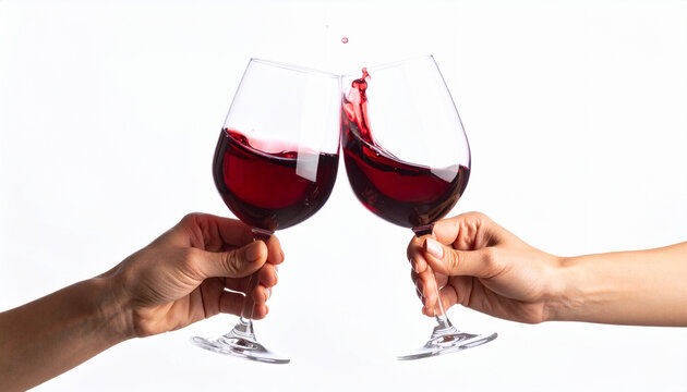Red wine sloshing and toasting against a white background