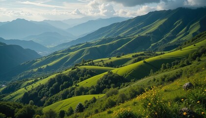 Obraz premium Lush green valley nestled between rolling hills under a partly cloudy sky, showcasing a serene mountain landscape.