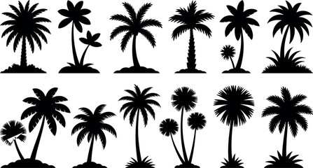 Collection of silhouetted tropical palm trees in various shapes and sizes against a white background