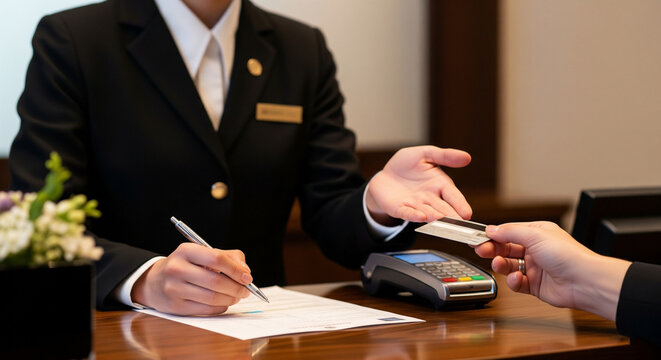 A woman working as a waitress paying by card at a hotel front desk