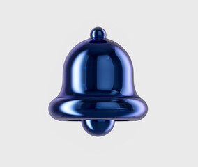 3D Shiny metallic blue bell icon, symbolizing notifications, alerts or reminders. 3d illustration