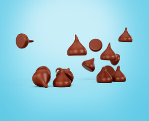 Milk Chocolate Chips Isolated On Blue Background 3d Illustration