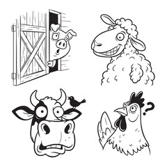 Cartoon Farm Animal Vector Set – Funny Illustrations of Pig, Sheep, Cow, and Chicken with Expressive Faces and Playful Poses
