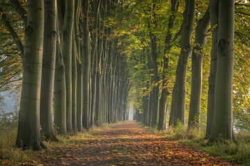 Obraz premium Sunlit avenue of tall trees with golden autumn leaves carpeting the path fall