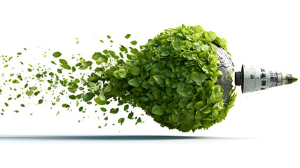 Stunning eco-friendly spacecraft launches from lush green planet, symbolizing sustainable travel and environmental innovation