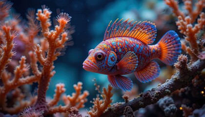 Obraz premium A vibrantly colored fish, detailed in intricate patterns, swims amidst a coral reef, showcasing the beauty of the underwater world.