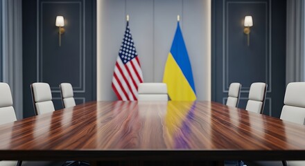 Mockup of a Conference Room US and Ukraine Flags on a Wooden Table