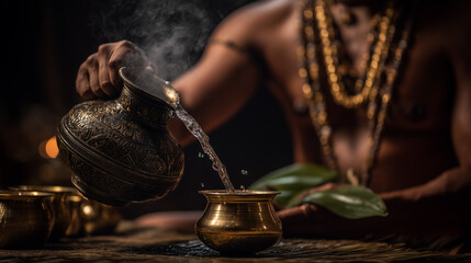Pitru Paksha Hindu priest pouring holy water from copper vessel, spiritual Shraddha rituals performed for ancestors with devotion and Vedic traditions