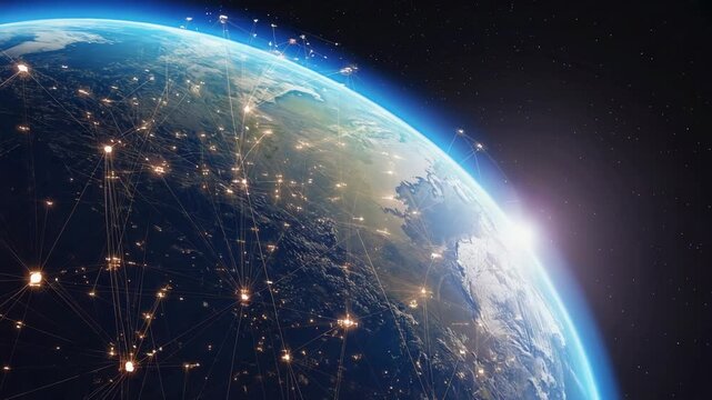 Animated globe with data processing and connections on black background. Concept of global science, computing, and digital networks - Powered by Adobe