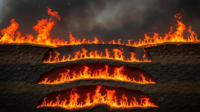 Burning Landscapes Illustration Featuring Intense Orange Flames And Dramatic Dark Earth Tones