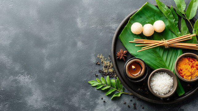 Pitru Paksha Puja Offering with Rice, Turmeric, Incense, Diyas, and Sacred Ritual Items on Banana Leaf for Ancestral Worship and Hindu Tradition